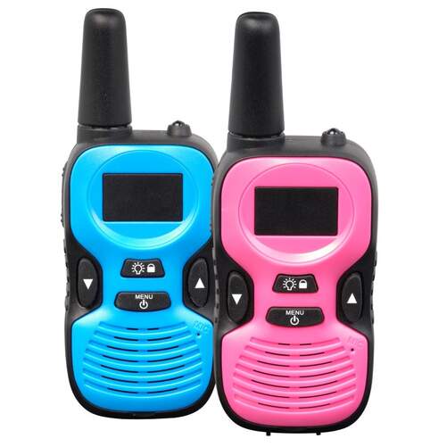Walkie Talkie Denver WTK-441 para niños - Azul/rosa, 3 pilas AAA, pantalla LCD, pinza para cinturón