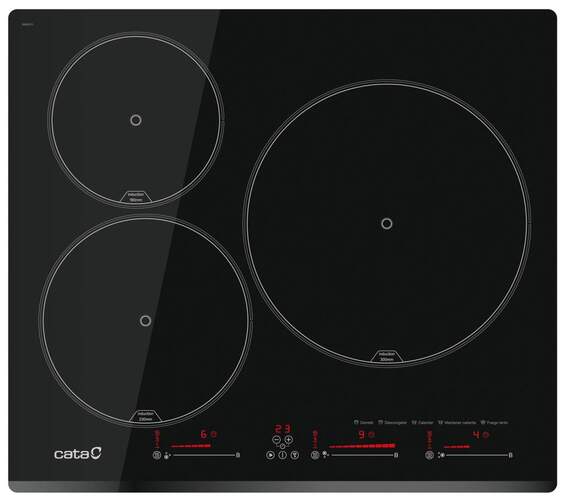 Placa Inducción Cata INSB6003E2BK - 3 Zonas (1 de 28cm), 60cm, 3 Funciones, 9 Niveles, 7100W, Negra