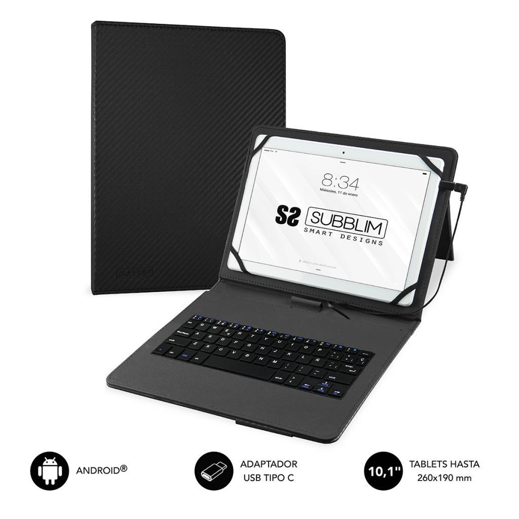 Funda y Teclado USB Subblim Keytab Pro Negra - Tablets 9" a 10", Adaptador USB-C