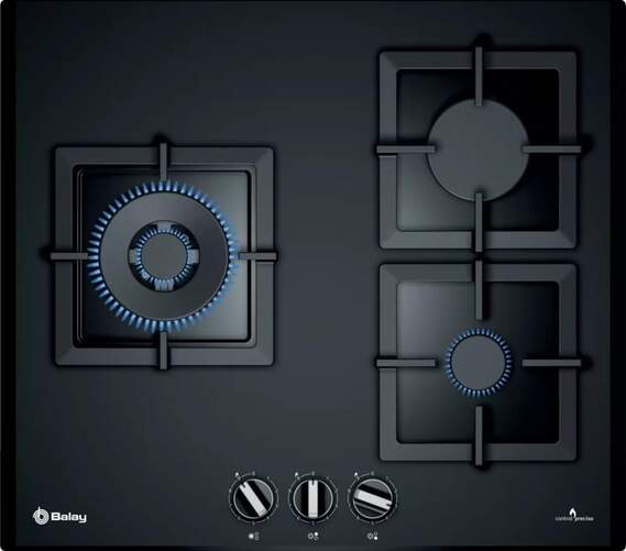 Placa de gas Natural Balay 3ETG663HN - 9 Potencias, 3 Fuegos (1 Tipo Wok doble anillo)