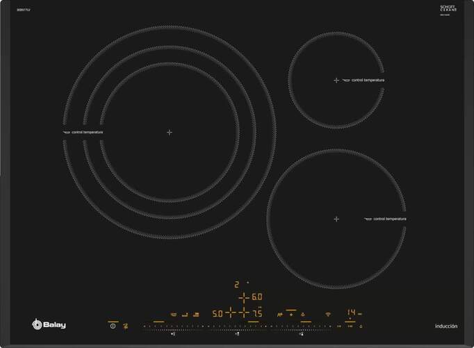 Placa Inducción Balay 3EB977LV - 70cm, 3 Zonas (1 Gigante 32cm), 17 Niveles, Control Tª, 7400W