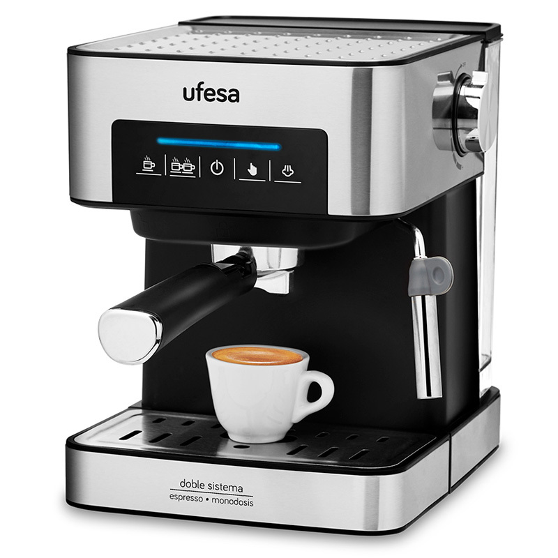 Cafetera Express Ufesa ce7255 20 bar 850 w agua extraíble 1.6 vaporizador portafiltro gris y capuccino con panel digital orientable 2 modos molido monodosis 1.6l calienta tazas 850w 20bar