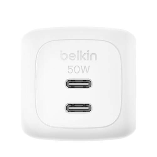 Cargador Belkin 2 USB-C de 50 W GaN - Carga r&aacute;pida, compatibilidad universal, blanco