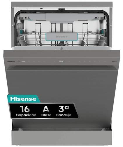 Lavavajillas Hisense HS663A90XUK - 7 programas, 16 servicios, tercera bandeja, 44 dB, Inox