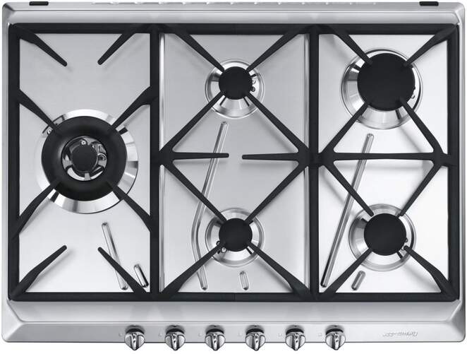 Placa Gas Natural Smeg SRV575GH5 - 5 Fuegos, 70cm, V&aacute;lvula Seguridad, Encendido Electr&oacute;nico, Inox