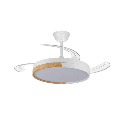 Ventilador Techo CristalRecord Ecoro - 45 W, Aspas Retráctiles, Temporizador, Mando, Blanco+Madera