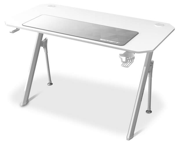 Mesa de escritorio Drift DZ175 - 120x60x75 cm, con alfombra blanca, soporte auriculares y bebidas