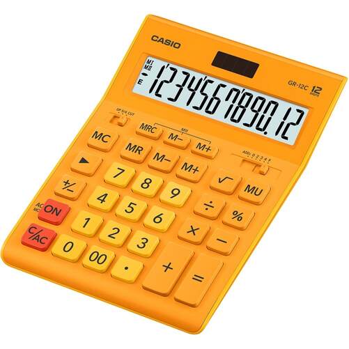 Calculadora Casio GR-12 Naranja - 12+12 dígitos, Pantalla LCD, Batería + Solar