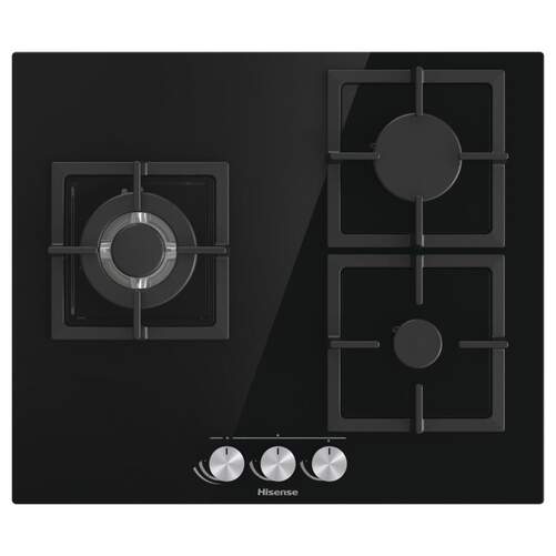 Placa Gas Natural Hisense GG633B - 3 Fuegos, Triple Wok, AutoEncendido, Hierro Forja, Cristal Negro