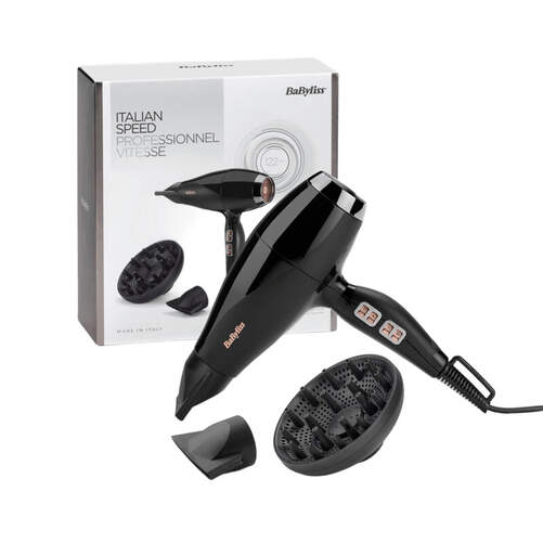 Secador Babyliss 6716DE - 2300 W, Accesorios 2 Boquillas + Difusor, 122 km/h, Negro