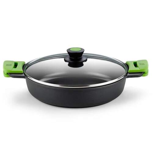 Cacerola Baja Bra Prioor - 24 cm, Tapa Cristal, Negro