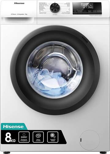 Lavadora Hisense WFQP8014EVM - 8kg, Clase A, 1400rpm, Motor Inverter, Programa Vapor, Blanca