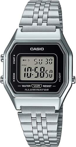 Reloj Casio Vintage Iconic LA680WEA-1EF - Esfera negra y plateada, correa plateada, calendario
