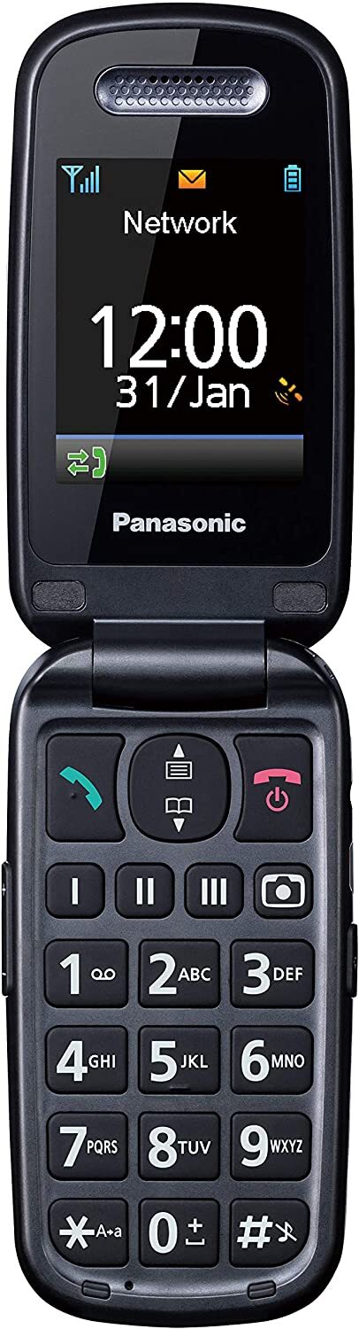 Panasonic Kxtu466exbe De uso con gps negro para mayores pantalla color 2.4 sos base carga compatibilidad resistente golpes batería larga bluetooth libre smartphone kxtu466ex seniorphone tu466ex 2 4 kxtu466 2g 24