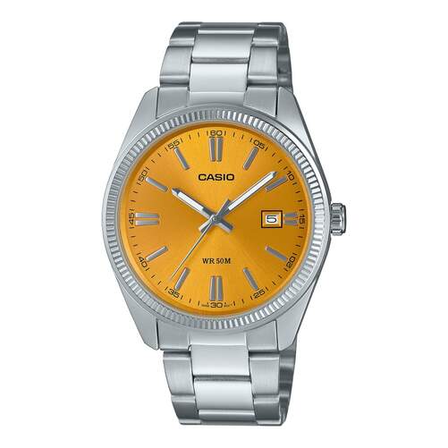 Reloj Casio Collection MTP-1232PD-9AVEF - Esfera analógica ámbar, correa/carcasa plateadas