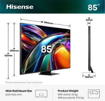 TV HISENSE 85%%%quot; 85UR9S UHD RGBMINILED SMARTTV 180HZ