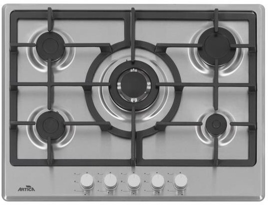 Placa Gas Butano Artica AXG7050 - 70cm, 5 Fuegos (Zona Wok), Parrilla Forja, Autoencendido, Inox
