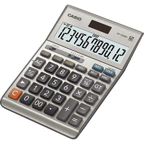 Calculadora Casio DF-120BM - Batería Solar, Negro y gris, base antideslizante, 12 dígitos