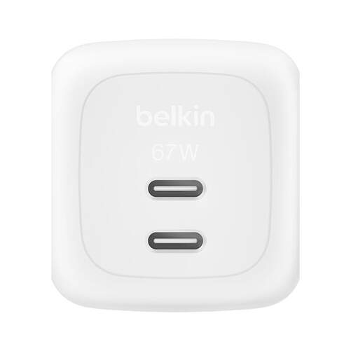 Cargador Belkin 2 USB-C de 65 W GaN - Carga r&aacute;pida, compatibilidad universal, blanco