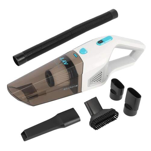 Aspirador de mano Kuken 35160 - 8,4 V, Ciclónico, 4 boquillas, 1 cepillo, Blanco, Negro, Azul