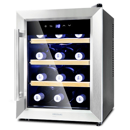 Cecotec 02304 Enfriador de vinoteca grand sommelier 1200 coolwood 12 botellas 33 capacidad 33l. diseño puerta cristal con marco acero inoxidable y estantes 33l