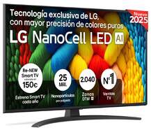TV LG 43" DLED 43NANO81A6A - 4K Ultra HD, NanoCell Alfa7, Web OS 25, 20 W RMS, 60 Hz, HDR10