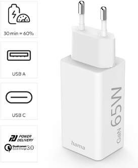 CARGADOR HAMA 00201643 1XUSB A   1USB C GAN 65W
