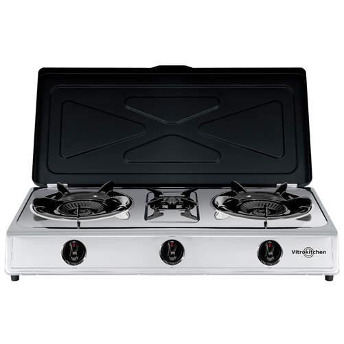 Hornillo de gas Vitrokitchen 360IB - 3 zonas, Gas Butano, Inox y negro