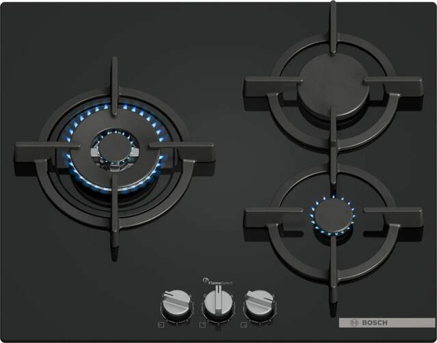 Placa de gas Bosch PPC6A6I10 - 60 cm, 3 fuegos, sistema GasStop, quemador Wok