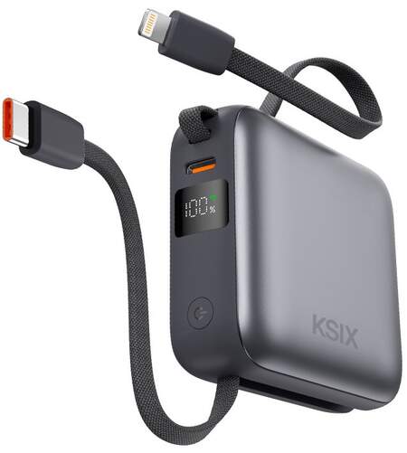 Powerbank KSIX 10000 mAh - USB C y Lightning, USB-C integrado, Carga rápida 22 W, Display LED, Negro