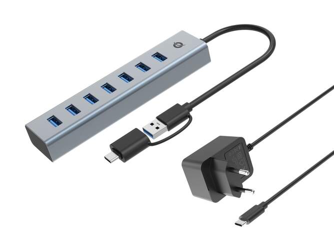 Hub USB Conceptronic Hubbie 7 en 1 - 7 puertos USB-A 3.0, adaptador de corriente
