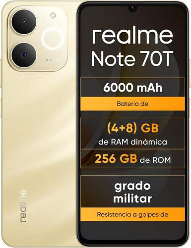 Realme Note 70T 4/256 GB Dorado - 6,74", carga rápida con 6000 mAh, 50+13 MP, Bluetooth 5.4