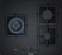 Placa Gas Bosch PPC6A6B20 - 3 Fuegos, FlameSelect 9 Niveles, Quemador Wok, Cristalgas, Negra