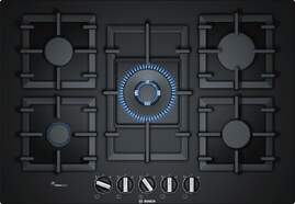 Placa de gas Bosch PPQ7A6B90 - 75cm, 5 Fuegos (1 Gigante Wok), 9 Potencias, Cristal templado negro
