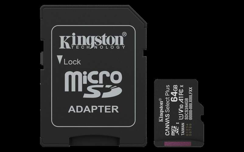 Tarjeta Micro SD Kingston Canvas 64 GB - Incluye adaptador SD a MicroSD, hasta 100 mb/s