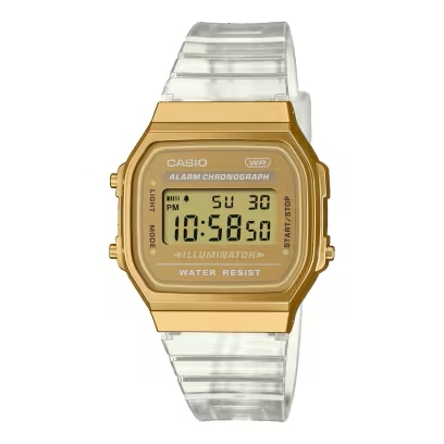 Reloj Casio Vintage Iconic A168XESG-9AEF - Esfera digital dorada, correa transparente, calendario