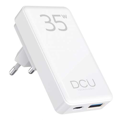 Cargador USB DCU 37500135 - GaN, USB A (18W), USB C (35W), blanco, plegable