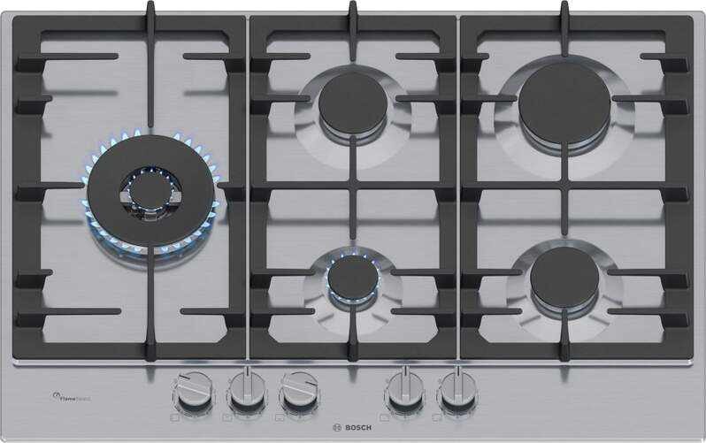 Placa de gas Bosch PCS7A5I90 - 75 cm de ancho, 5 fuegos, 9 niveles de potencia, GasStop