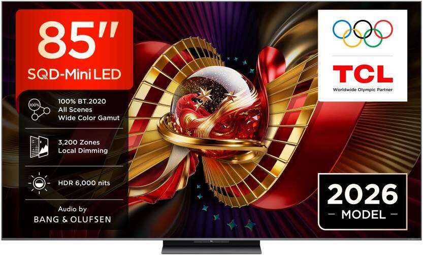 TV TCL 85" SQD MiniLED 85C8L - 4K Ultra HD, GoogleTV, 144 Hz, Bang & Olufsen 240W, HDR10