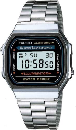 Reloj Casio Vintage Iconic A168WA-1YES - Esfera digital gris, correa plateada de acero inoxidable
