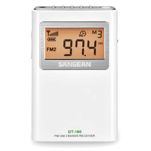 Radio bolsillo Sangean DT-160 Blanco - FM/AM PLL, reloj, auriculares, indic batería